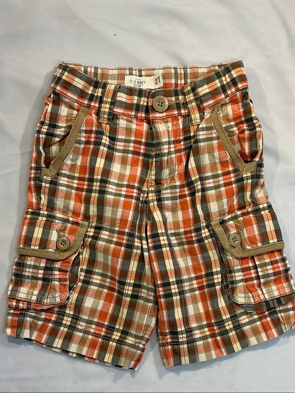 Old Navy Orange, Tan & White Plaid Cargo Shorts with Button Waist